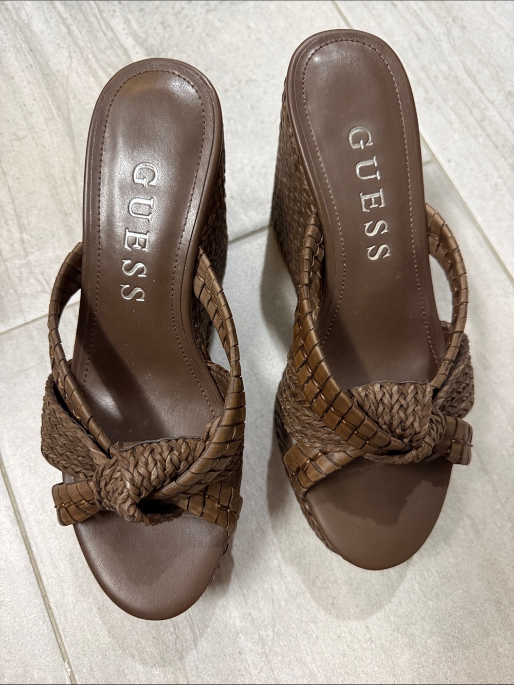 GUESS Brown Braided Knot Wedge Sandals